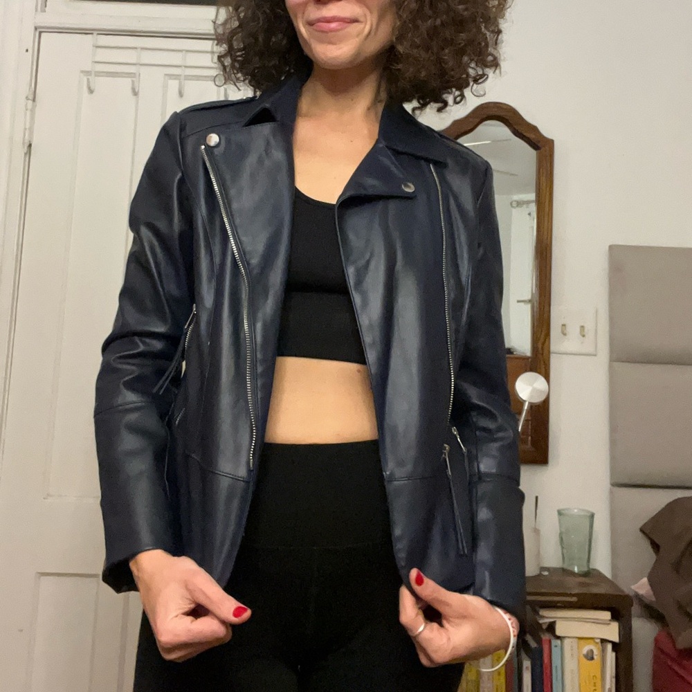 Navy faux leather motor cycle jacket